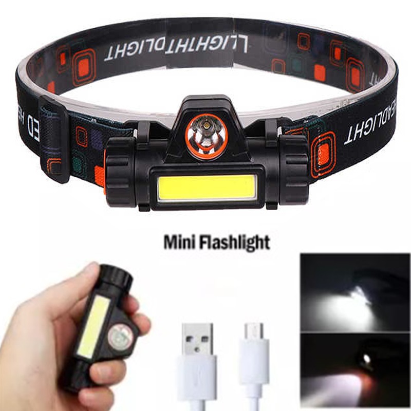 Portable Mini High Power Led Headlamp Built-In Battery T6+Cob Usb Rechargeable Headlight Waterproof Head Torch Head Lamp - Torch Light. 