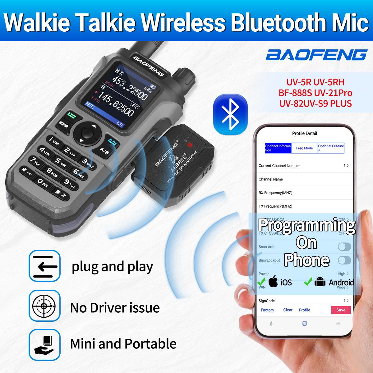 ABBREE Walkie Talkie Bluetooth Wireless Programmer Support IOS/Android For Baofeng UV-21 PRO UV-5R UV-5RH Quansheng UV-K5 UV K6. 