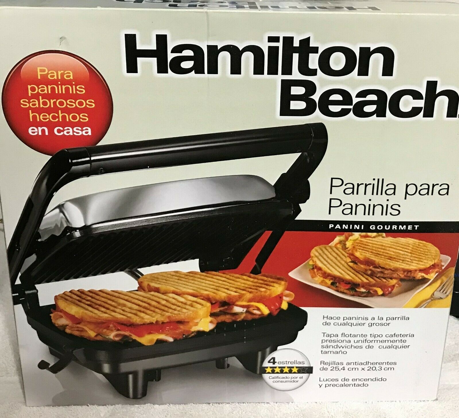 Hamilton Beach Panini Press 25460Z New in Box Nonstick grids Floating Lid 4Star. 