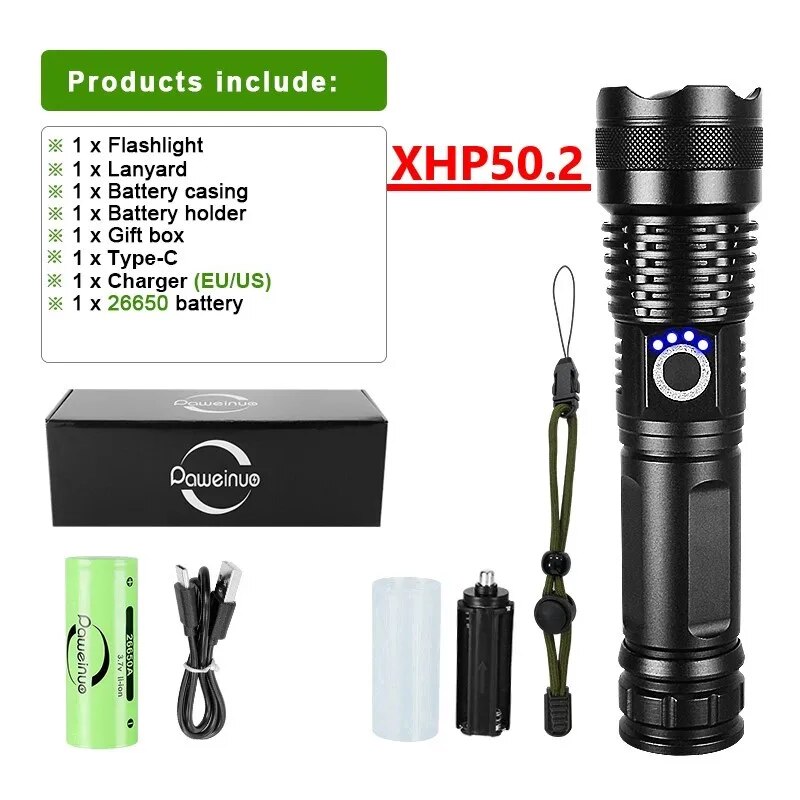 200000lm Powerful LED Flashlight Super Bright 80W Torch Type-c Rechargeable Flash Light High Power Camping Lamp Tactical Lantern. 