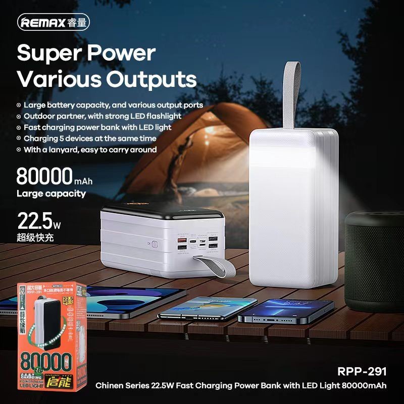 Remax Powerbank RPP-291 80000mAh Big Capacity Camping Power Bank 22.5w PD QC Fast Charging USB C Type C Output. 