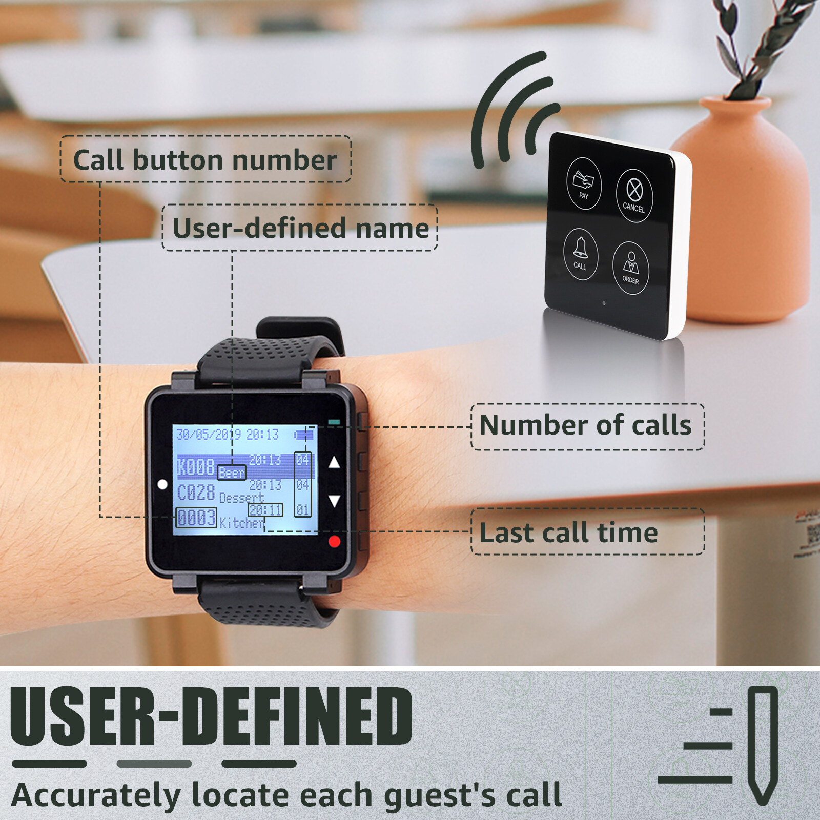 Retekess T128 Restaurant Pager System Waiter Queue Wireless Calling System Rechargeable Watch Pager and TD033 Buttons. 