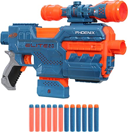 NERF Elite 2.0 Phoenix CS-6 Motorized Blaster, 12 Official Darts, 6-Dart Clip, Scope, Tactical Rails, Barrel and Stock Attachment Points