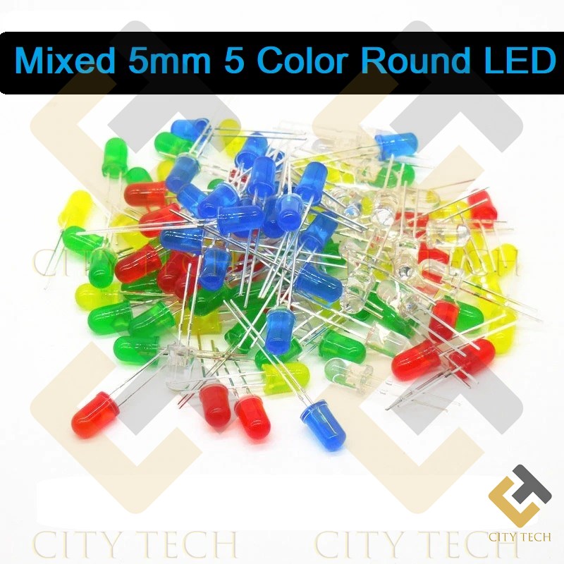 LED Mixed 5mm 5 Color 100Pcs Green Red Yellow White Blue Round LED Light Emitting Diode Basic Light Bulbs For Electronics Project Indicator Front Panels Light DIY. 