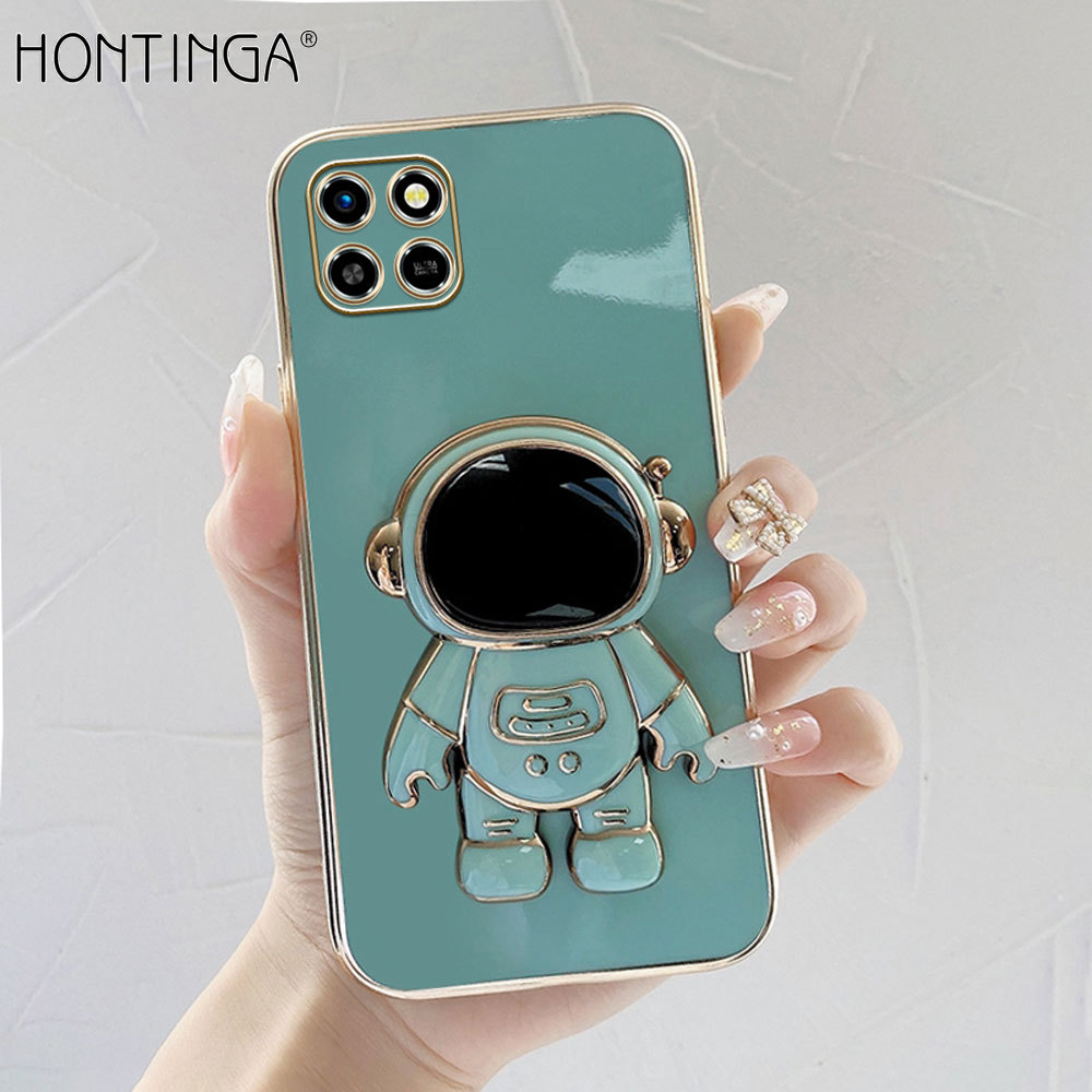Hontinga for Infinix Smart 6 HD Back Cover With Cartoon Astronaut Folding Bracket Cases Luxury 6D Plating Soft Silicone Phone Cases