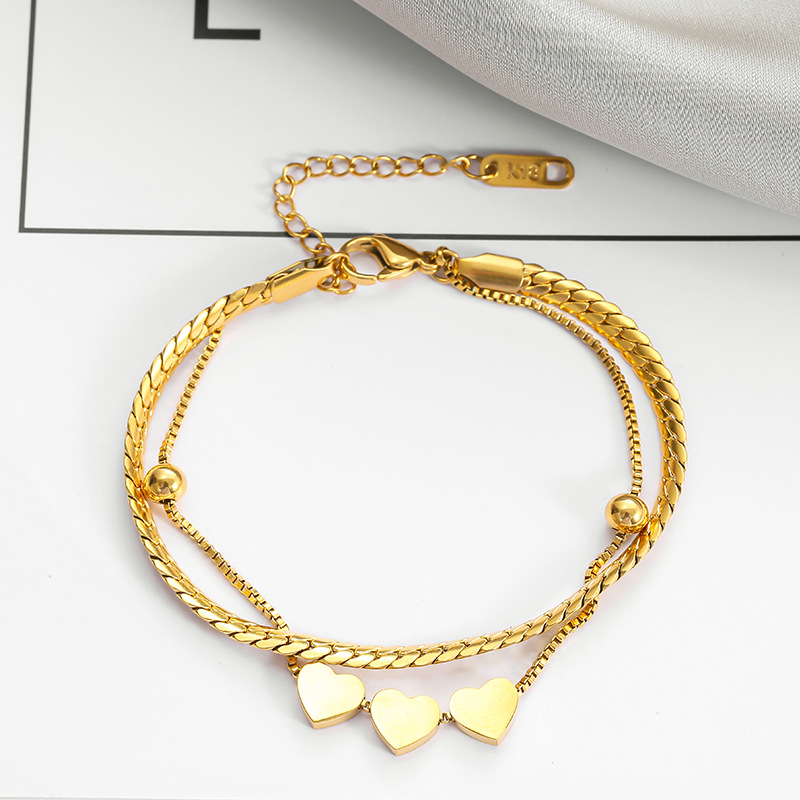 Non Tarnish Gold Plated Stainless Steel Charm Bracelet Minimalist Waterproof Multi-layer Snake Bone Chain Heart Pendant Bracelet. 
