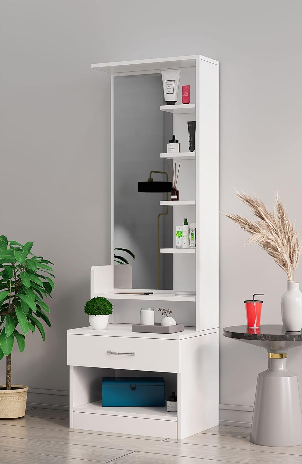 Bniture Dressing Table for Bedroom with 1 Drawer, Mirror and Huge Storage Space | Long Dresser Vanity Table with Mirror | 5 Year Warranty(Frosty White)72/24. 