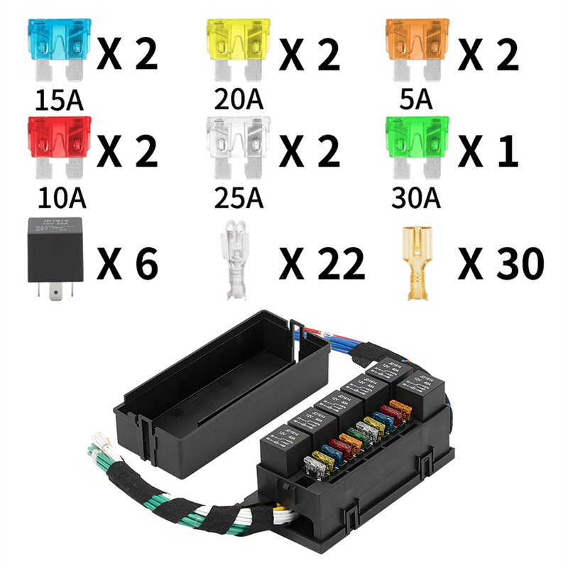 11 Way Relay Fuse Block Holds Universal Waterproof Fuse Relay Box with 6 Relays and Metallic Pins Terminal. 