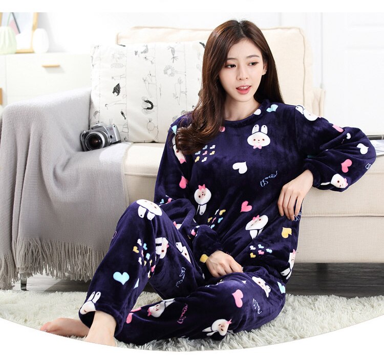 Shop Generic Spring Winter Anti Cold Keep Warm Women Coral Fleece Pajamas  Set of Sleepcoat & Lady Thermal Flannel Home Clothing Pajama set Online