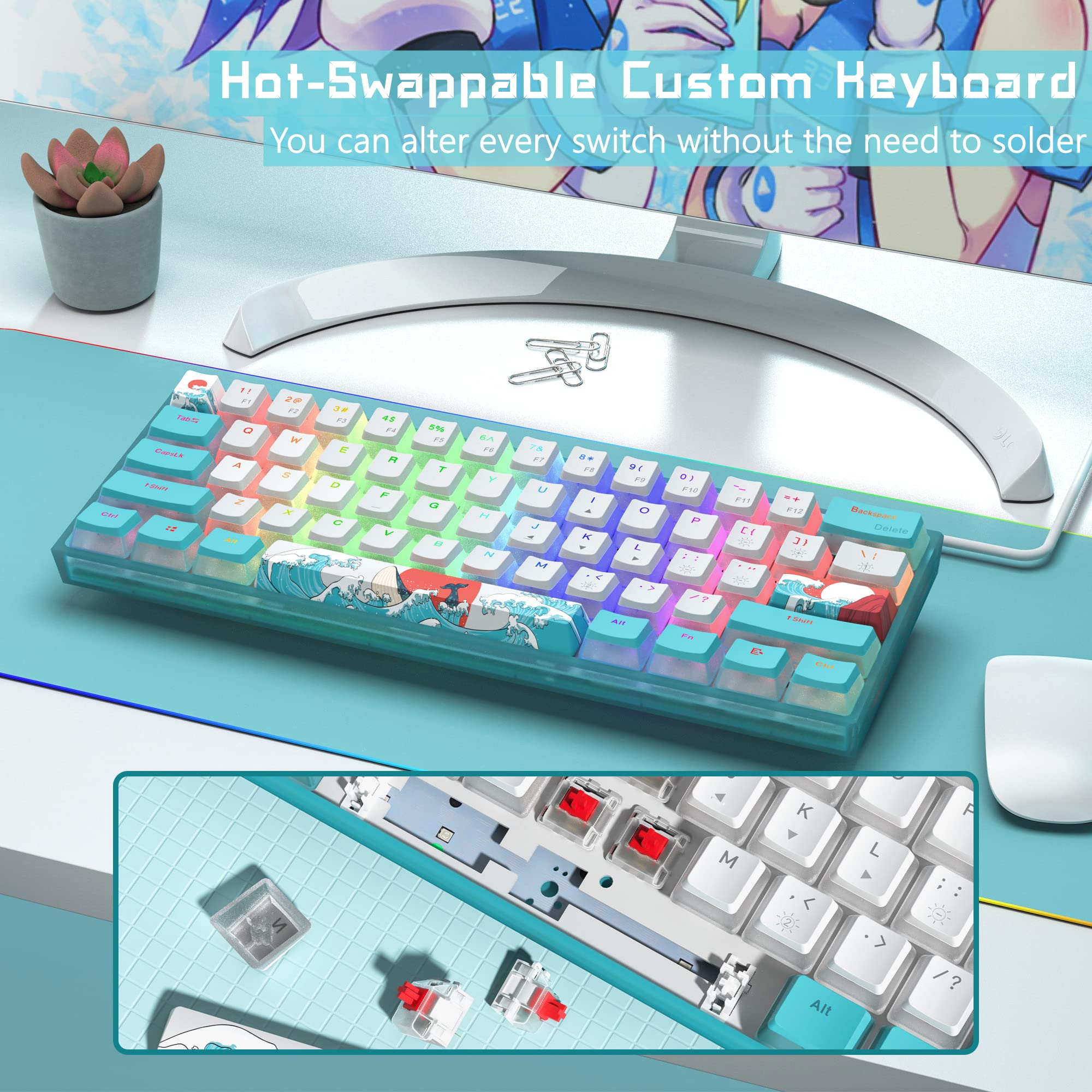 Womier WK61 Mechanical Keyboard RGB Wired Gaming Keyboard Hot-Swappable Blue Sea Theme with PBT Keycaps for Windows PC Gamers. 