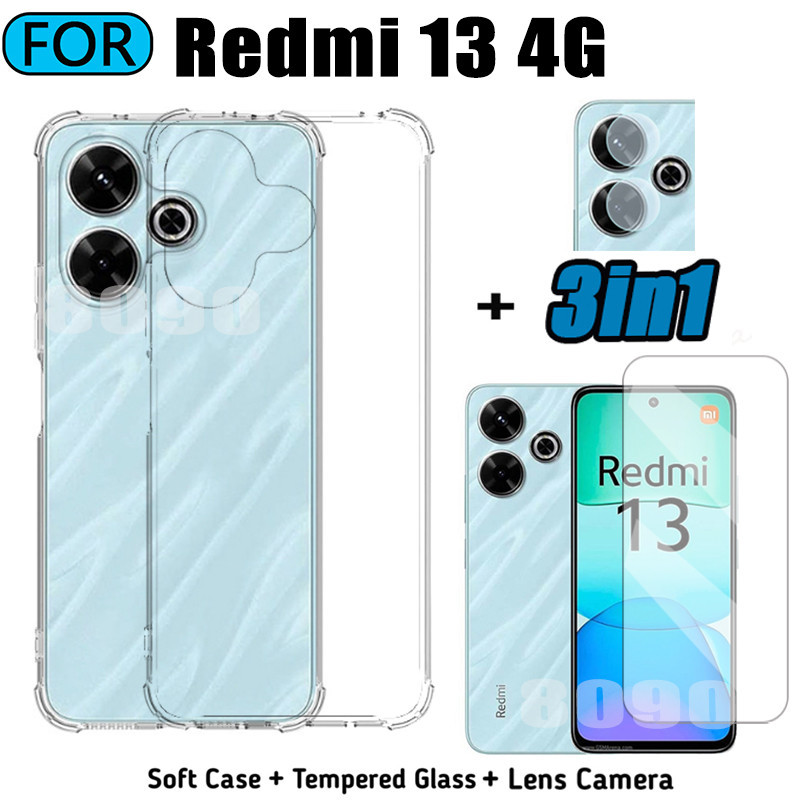 3in1 Redmi 13 4GTransparent Soft Phone Case Redmi 13C 5G 4G A3 Turbo 3 12 4G 5G Tempered Glass + Back Camera Lens Film