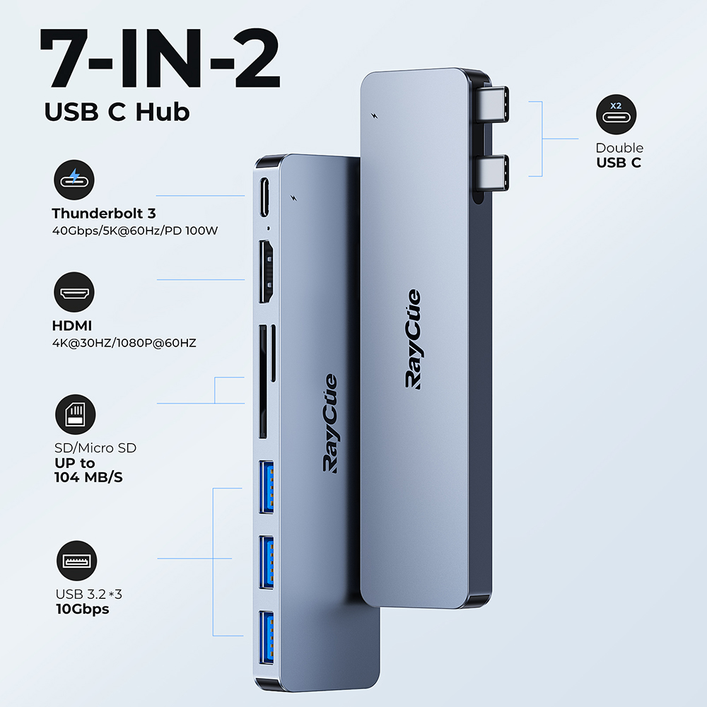 RayCue USB-C Hub for MacBook Pro Air 7-in-2 USB Docking Station Thunderbolt Dock 4K HDMI-compatible Adapter for M1 M2 Laptop. 