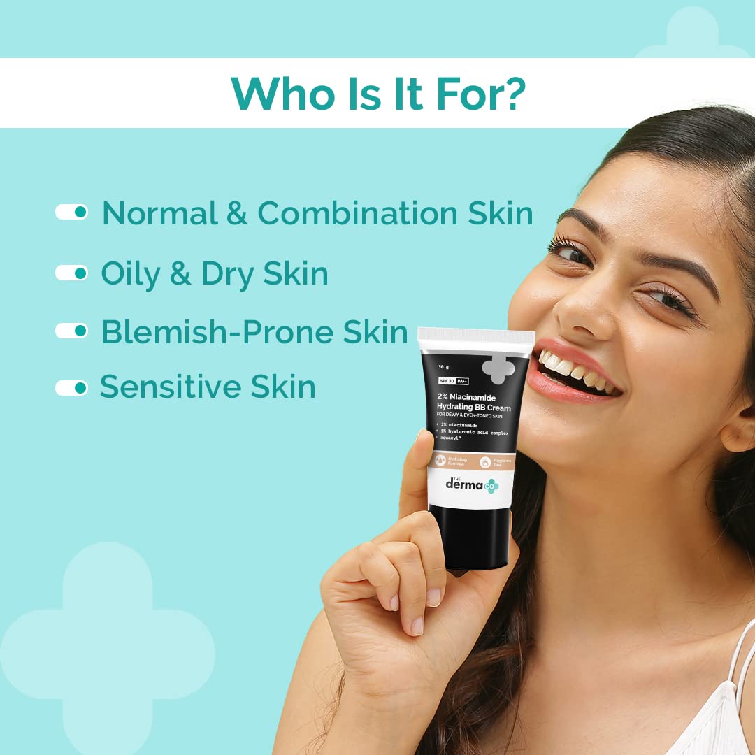 The Derma Co 30gm 2% Niacinamide Hydrating BB Cream with SPF30 | Gives Medium Buildable Coverage & Smooth Finish | Skin Hydration with Sun Protection. 