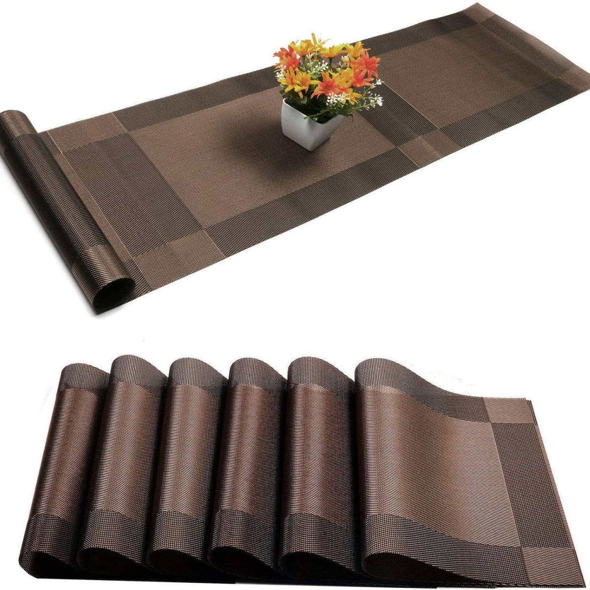 6 Dining Table Mat With 1 Runner - Pvc Rectangular Vintage Woven Washable Mats - Enhance Your Dining Table Decor With This Set Of 6 Placemats And 1 Runner Crafted From Washable Pvc Material