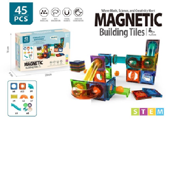 45pcs Magnetic tiles rolling ball pipe building blocks. 
