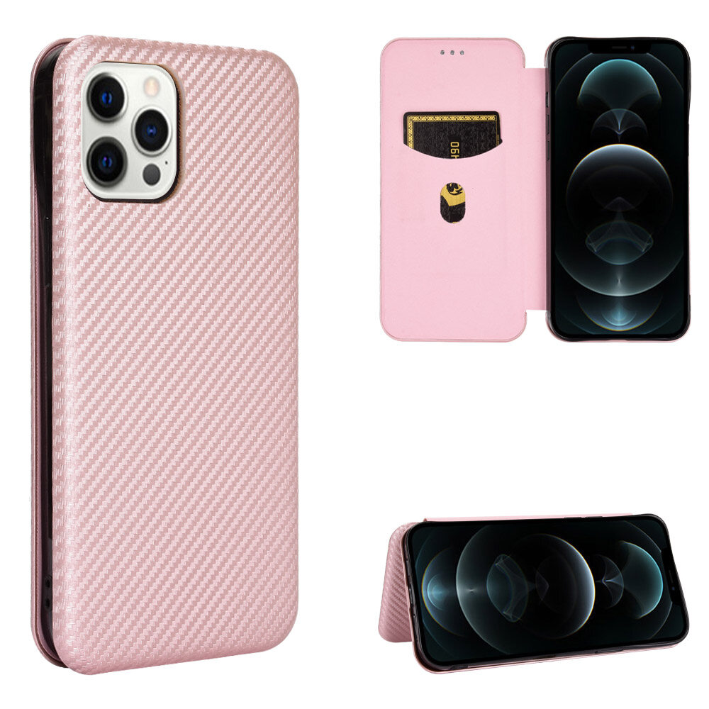 lthmy for iPhone 12 Pro Max Carbon Fiber Magnetic Closure with Card Slot Flip Case Cover