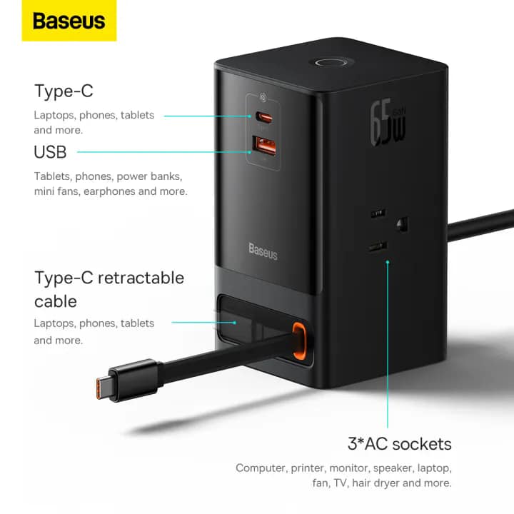Baseus GaN Charger Gan5 Pro Power Combo Digital Power Strip 3AC 1U 1C Retractable-C 65W with 1.5m power cord CN Black. 