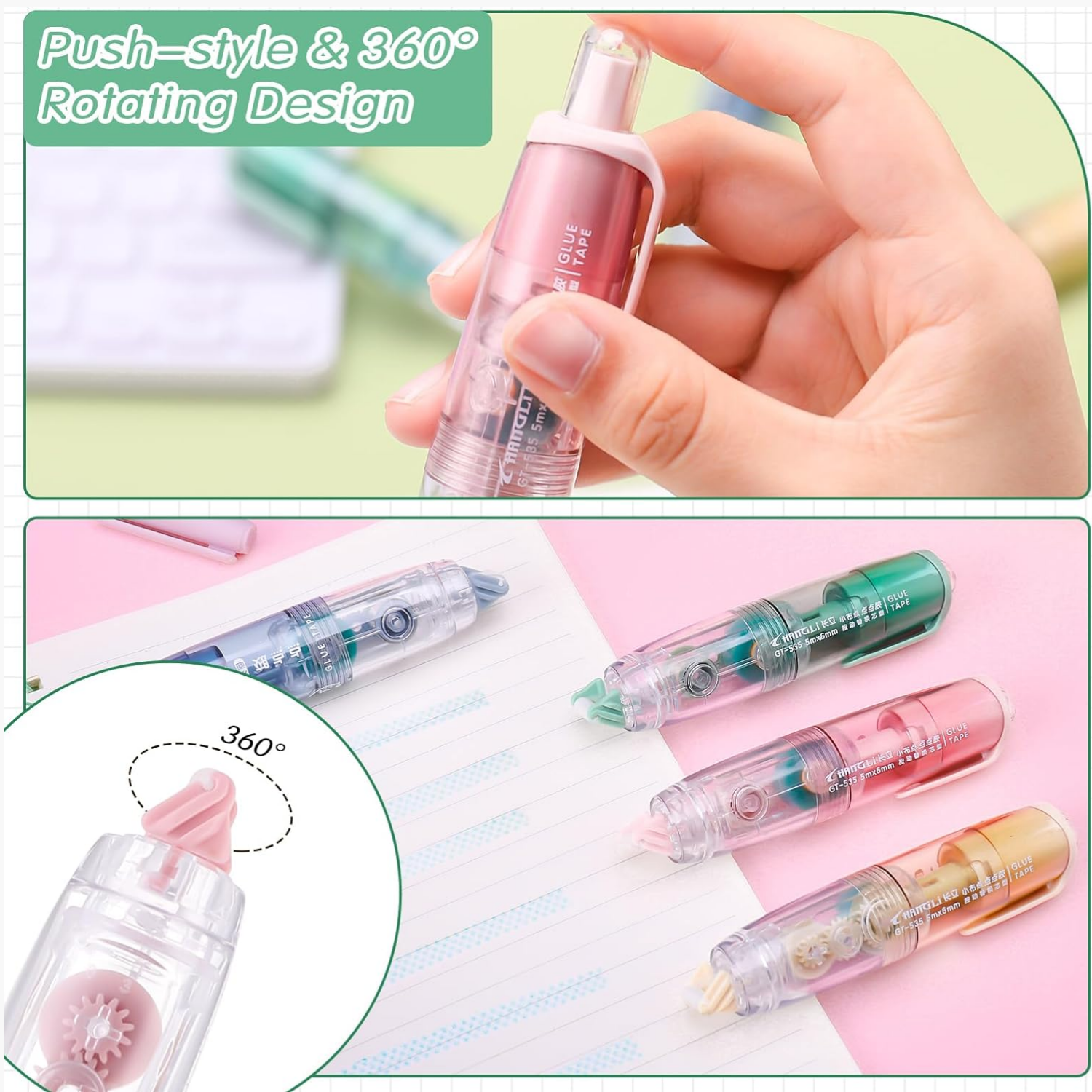 Glue Tape, Retractable Glue Tape Roller, Double Sided Tape Dispenser with Tape Refills, Transparent Tape Pen for Crafting, Cards, Photo, Journal and Scrapbooking(5mx6mm). 