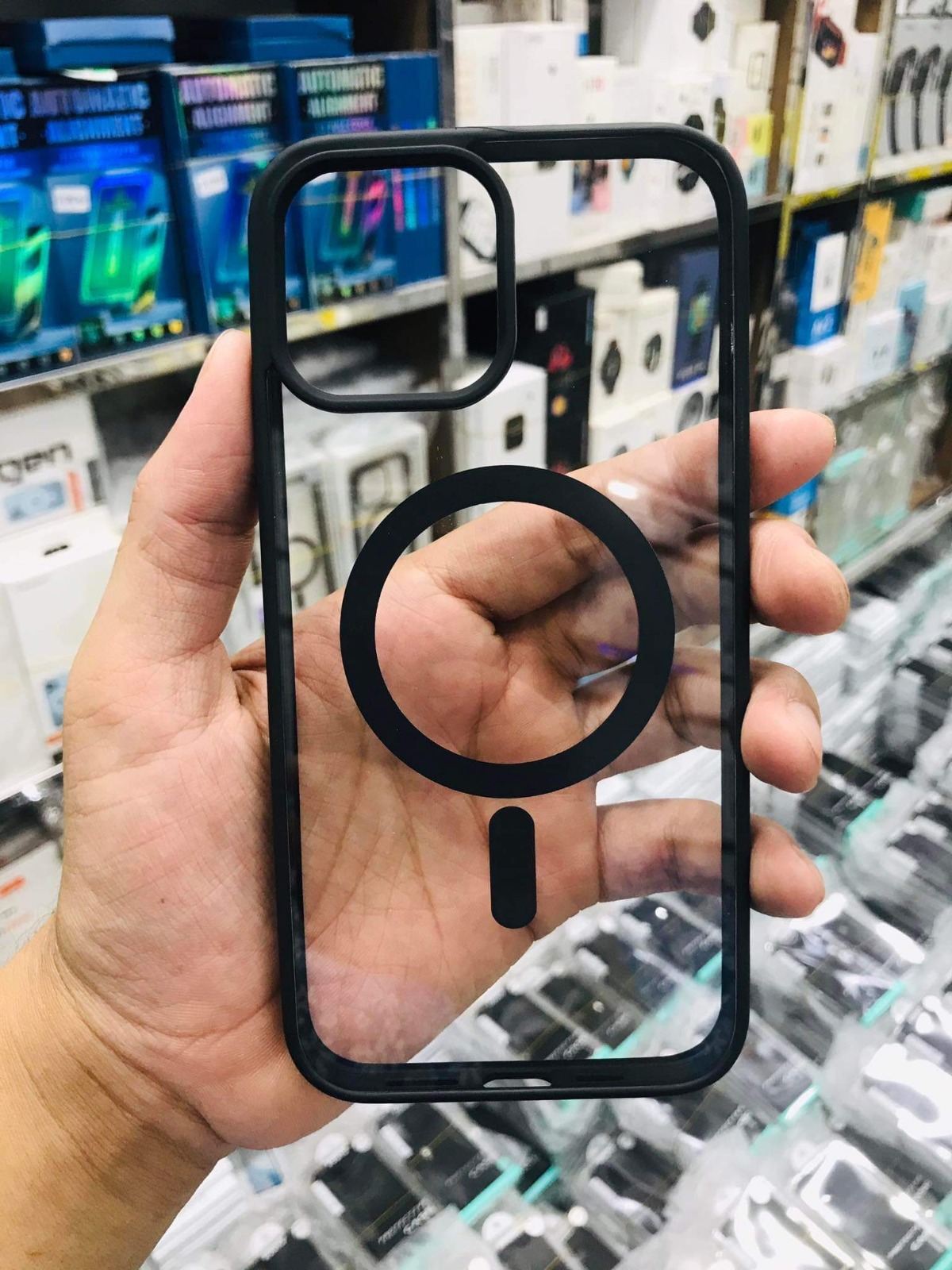 Transparent Magnetic Phone Case with Box for Magsafe Wireless Charging iPhone 11 to 15 pro max Mobile -Black cover phone Cases. 