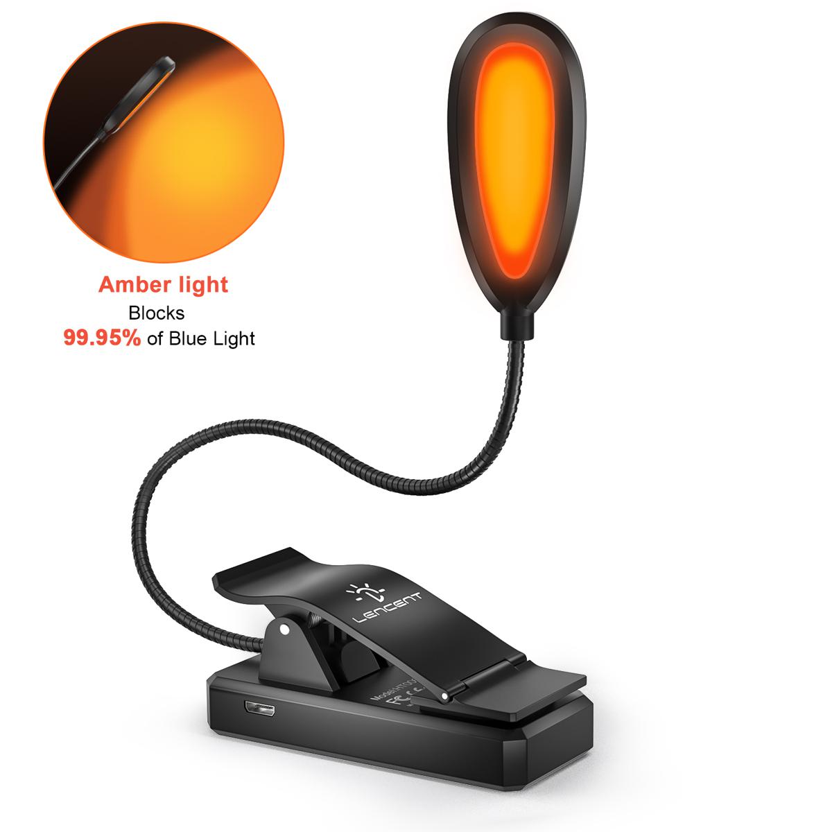 LENCENT Reading Light Amber Light Book Lamp with Blue Light Blocking Eye Care with Better Clip for Sleeping with Night Light USB Rechargeable for Electronic Reader Children Reading in Bed. 