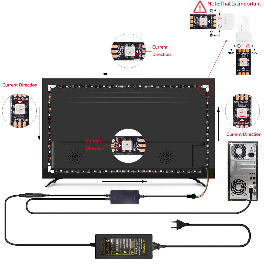 WS2812B LED Strip DIY Ambient PC Dream Screen WS2812 Light USB Computer Monitor Backlight SP616E Bluetooth Music Controller Set. 