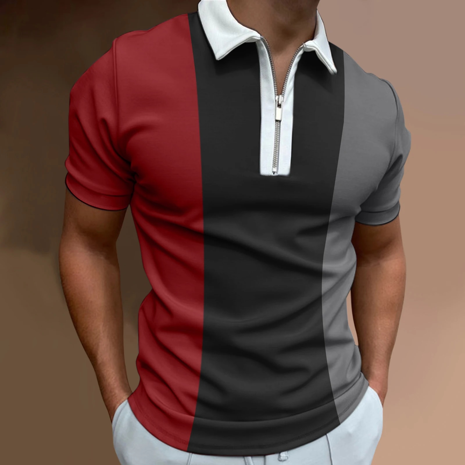 Men's Solid Color Striped Polo Shirt Short Sleeve Golf Turn-down Collar Zipper Polo Shirt for Men Casual Streetwear Summer Tops. 