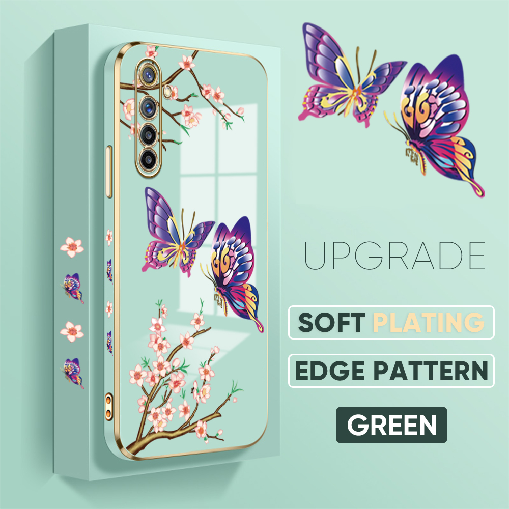 Jizetin (Free Lanyard) for Realme 6 Realme Narzo Back Cover Peach Blossom and Butterfly Luxury 6D Plating Case Side Pattern Soft Silicone Square Mobile Phone Cases