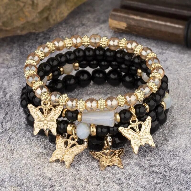 4 Pcs/set Bohemian Crystal Beads Gemstone Strand Bracelets Ethnic Butterfly Charm Wrap Bracelet Bangle For Women Girls Wristband
