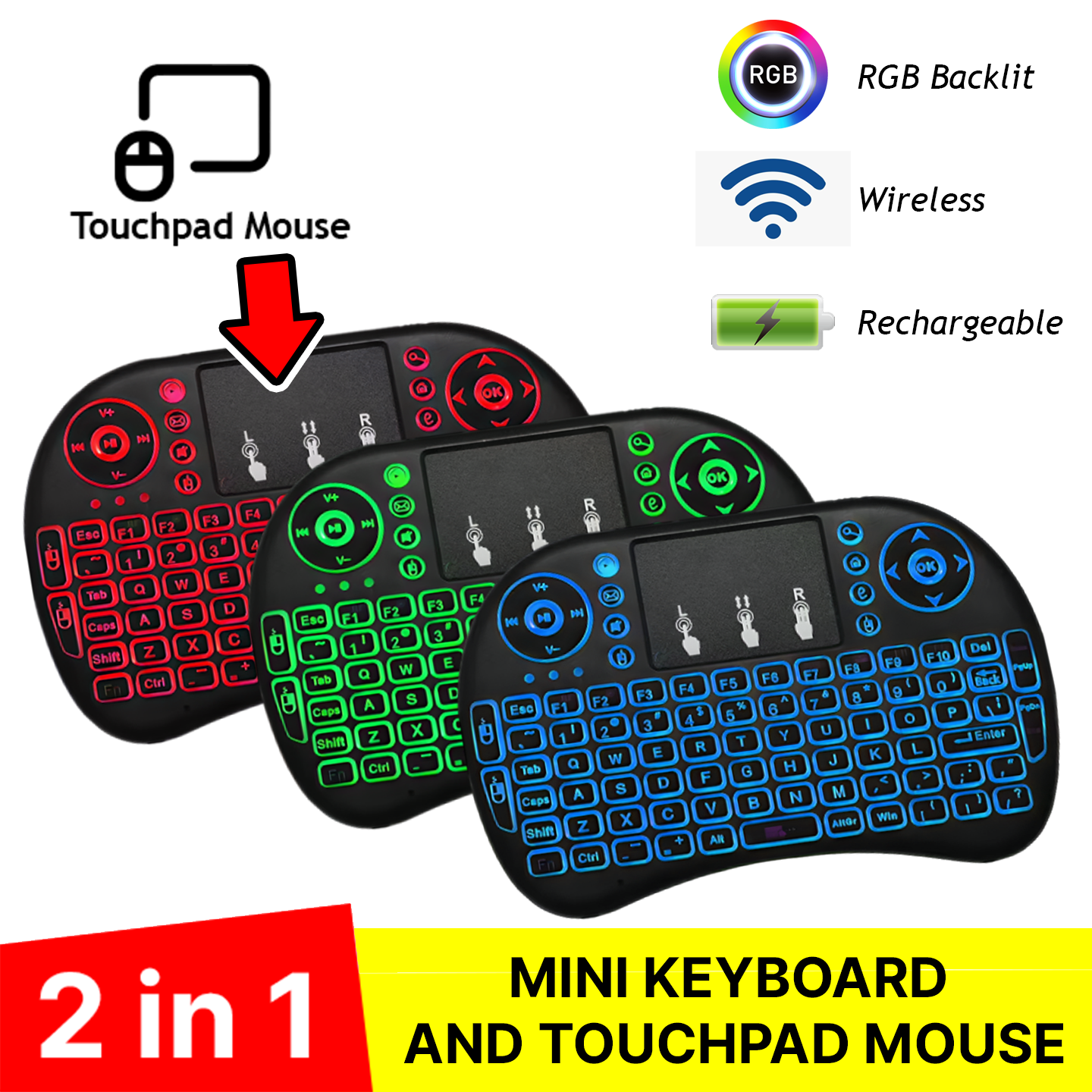 I8-B Wireless Rechargable Backlit Mini Keyboard With Touchpad Mouse - For Android Tv Box / Smart Tv Box - Keyboard - Wireless Keyboard RGB Lighting. 