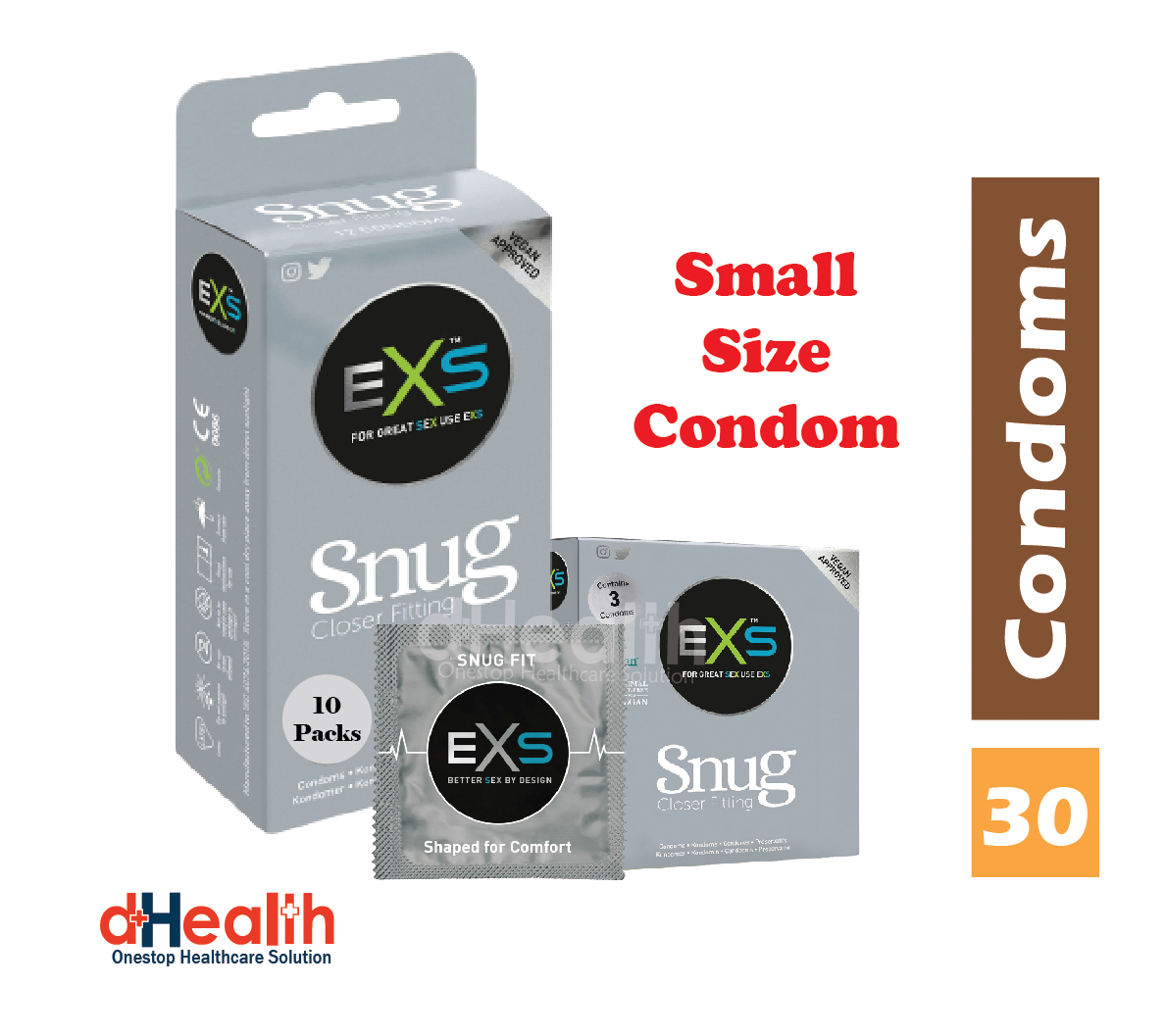 EXS Snug condom, small size condom, fit condom, closer fitting condom, tight fit  condom, Full Box (3x10=30pcs)