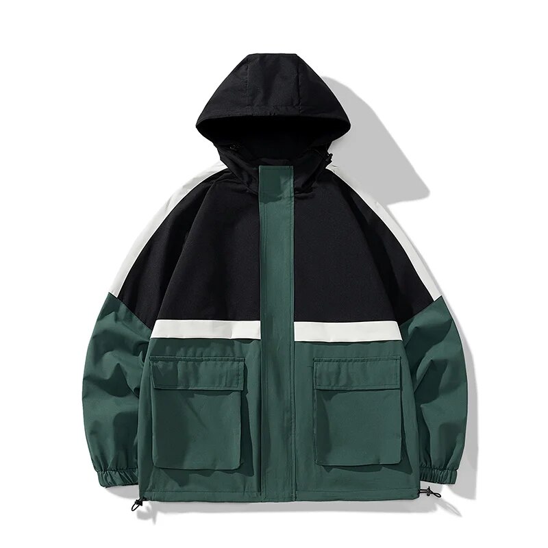 Fashion color-block men's jacket 2023 spring/autumn new trend storm jacket multi-pocket hooded jacket