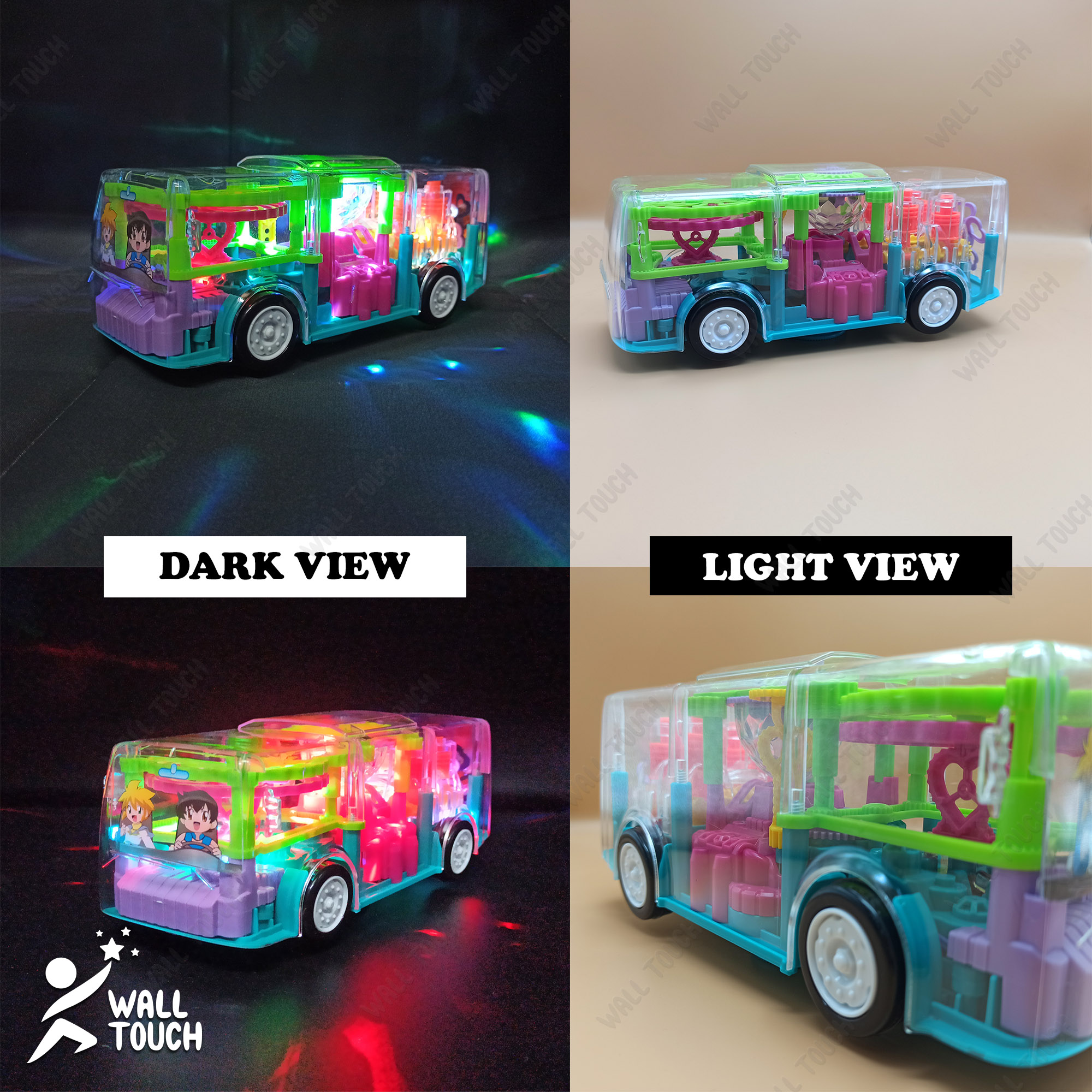 Battery Operated Gear Light Bus Toy with Mechanical Gears Simulation. 