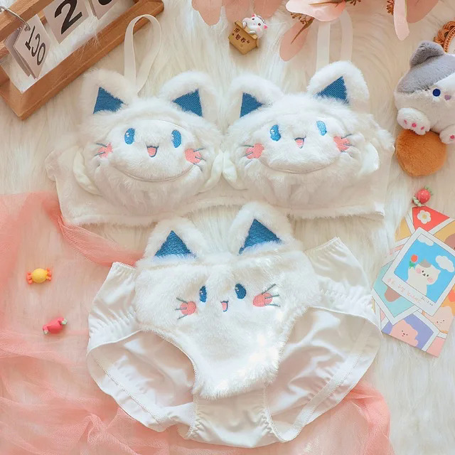 Cat fall and winter limited to cute plush underwear confortable women lingerie non-steel ring bra set to keep warm bralette. 