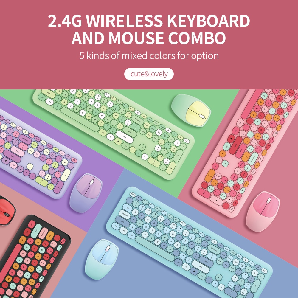 Mofii 666 Keyboard Mouse Combo Wireless 2.4G Mixed Color 110 Key Keyboard Mouse Set With Round Punk Keycaps For Girl Purple. 