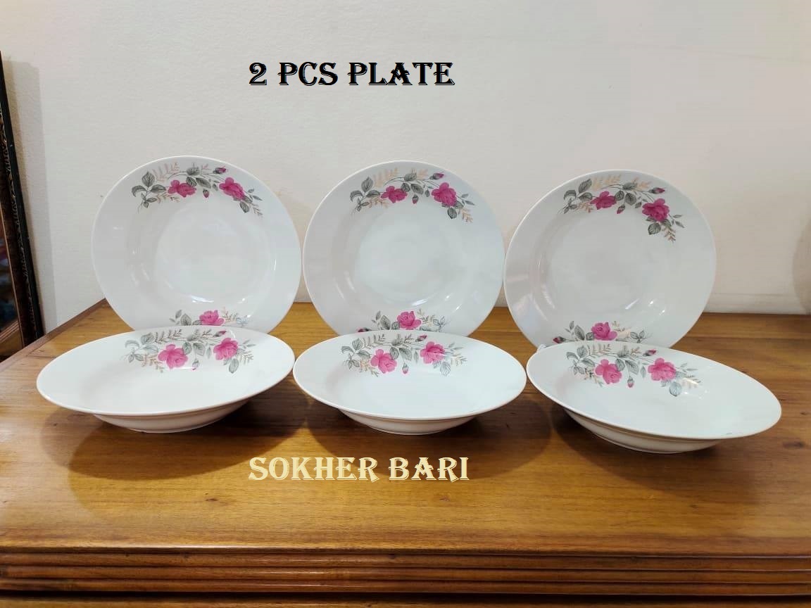 2 Pcs Ceramic Flower Print Dinner Plate Set 9"Inch , Deep Rice Dinner Plate, White Color Wikth print. Microwave oven save,Dishwasher Save,Dining Plate Set. CD:A00