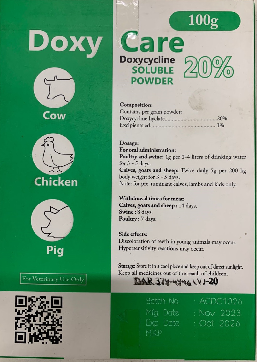 Imported original Doxycycline 20% for all chicken cow bird goats calves poultry sheep swine 100GM Pack. 