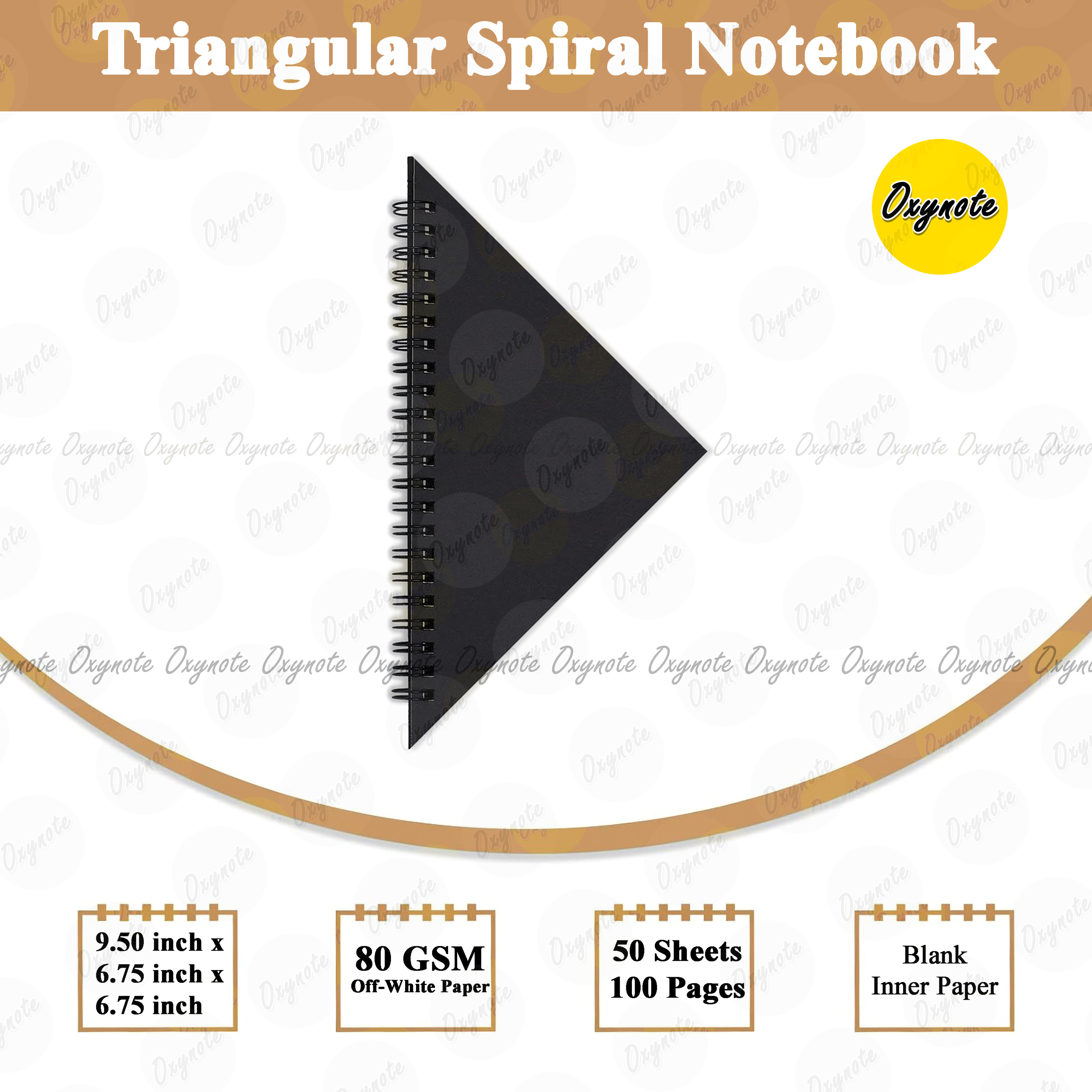 Triangular Spiral Notebook by OXYNOTE - 9.5 x 6.75 x 6.75 inches - 100 Off-White Pages - Black Cover - Double Wire-O Binding