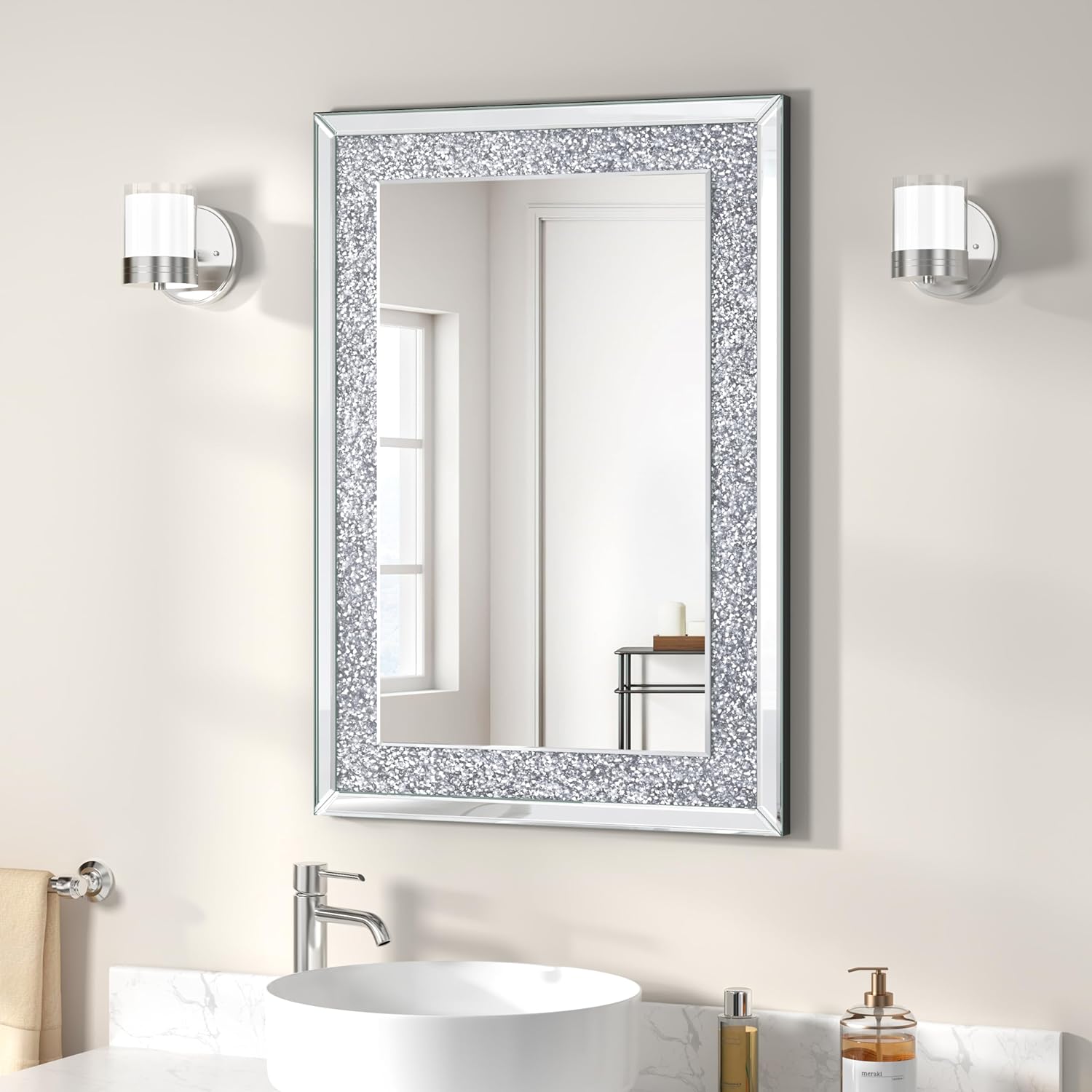 Full Length Mirror- 65 x 21.6 Crystal Crush Diamond Floor Mirror with Standing Silver Large Full Body Mirror. 
