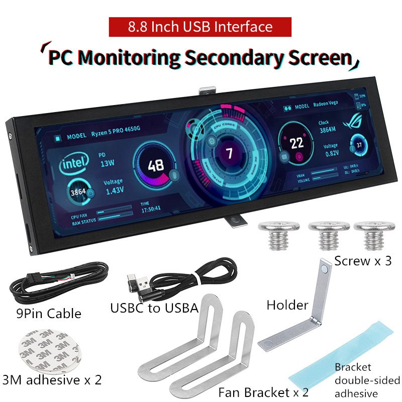 8.8 / 5 / 3.5 Inch IPS Type-C Secondary Screen Computer CPU GPU RAM HDD Monitor USB Display Freely AIDA64 Mini Monitor Win 10 11. 