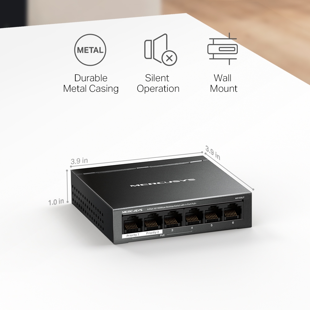 Mercusys MS106LP 6-Port 10/100Mbps Desktop Switch with 4-Port PoE+. 