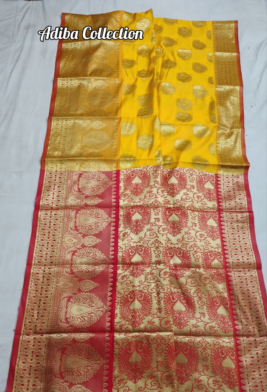 Saree semi katan saree for women's/tangail semi katan silk saree /yellow colour semi katan saree. 