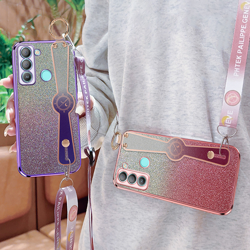 For Tecno POP 5 LTE BD4 BD4i BD4a Pop 5 Pro BD4j BD4h Flash powder electroplating Wrist strap bracket Phone Case Whit lanyard. 