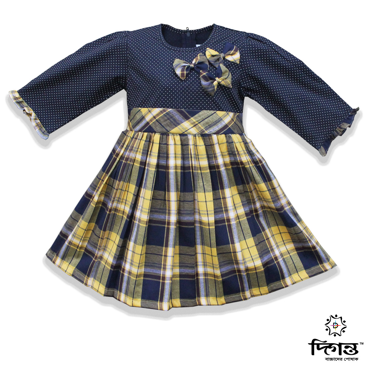 Yellow Navy-Blue Check Navy-Blue White Dot Cotton Frock for Baby Girls Dress
