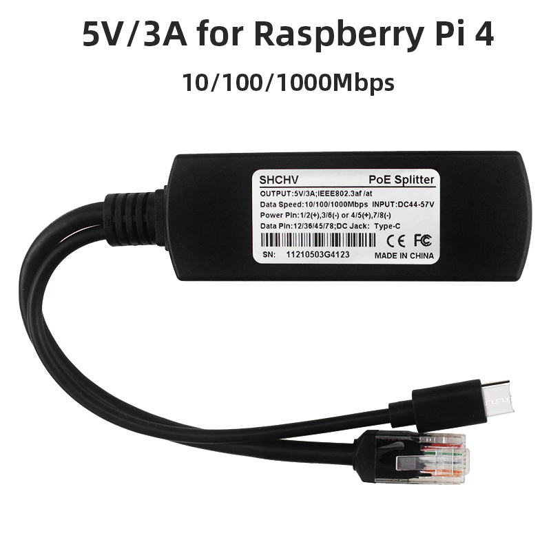 Raspberry Pi Gigabit PoE Splitter USB Type C IEEE 802.3af 10/100/1000Mbps Power over Ethernet 5V 3A/4A for Raspberry Pi 4B/5. 