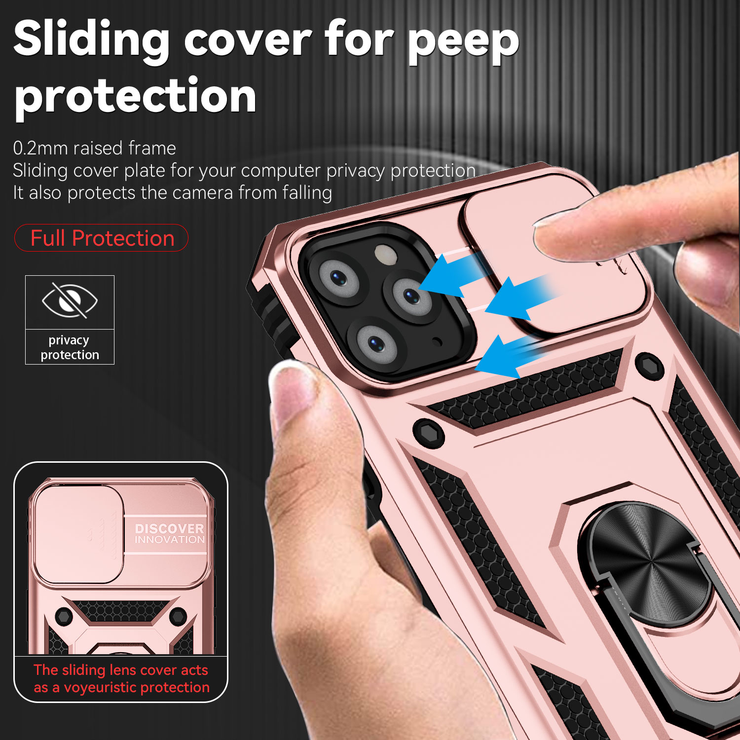 For iPhone 11 Pro Case with Slide Camera Cover, 360° Ring Holder Metal Kickstand, work for Phone Holder Car Mount, Drop Peep Protection. 