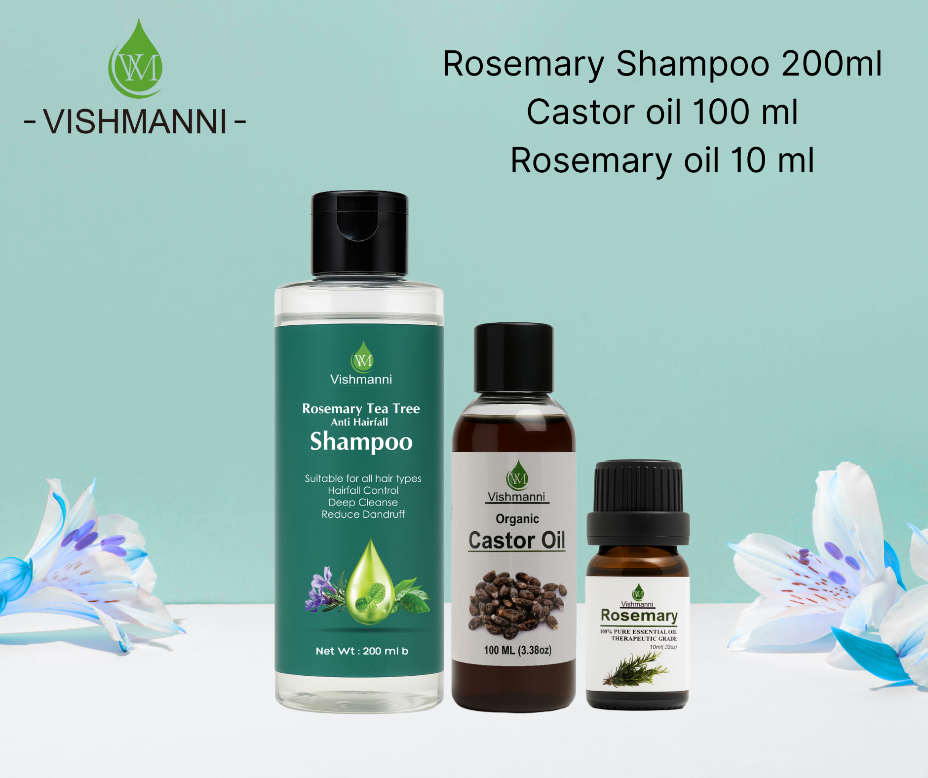 Vishmanni Shampoo 200ml  Castor oil 100 ml Rosemary oil 10 ml Combo for hair growth and reduce hair fall