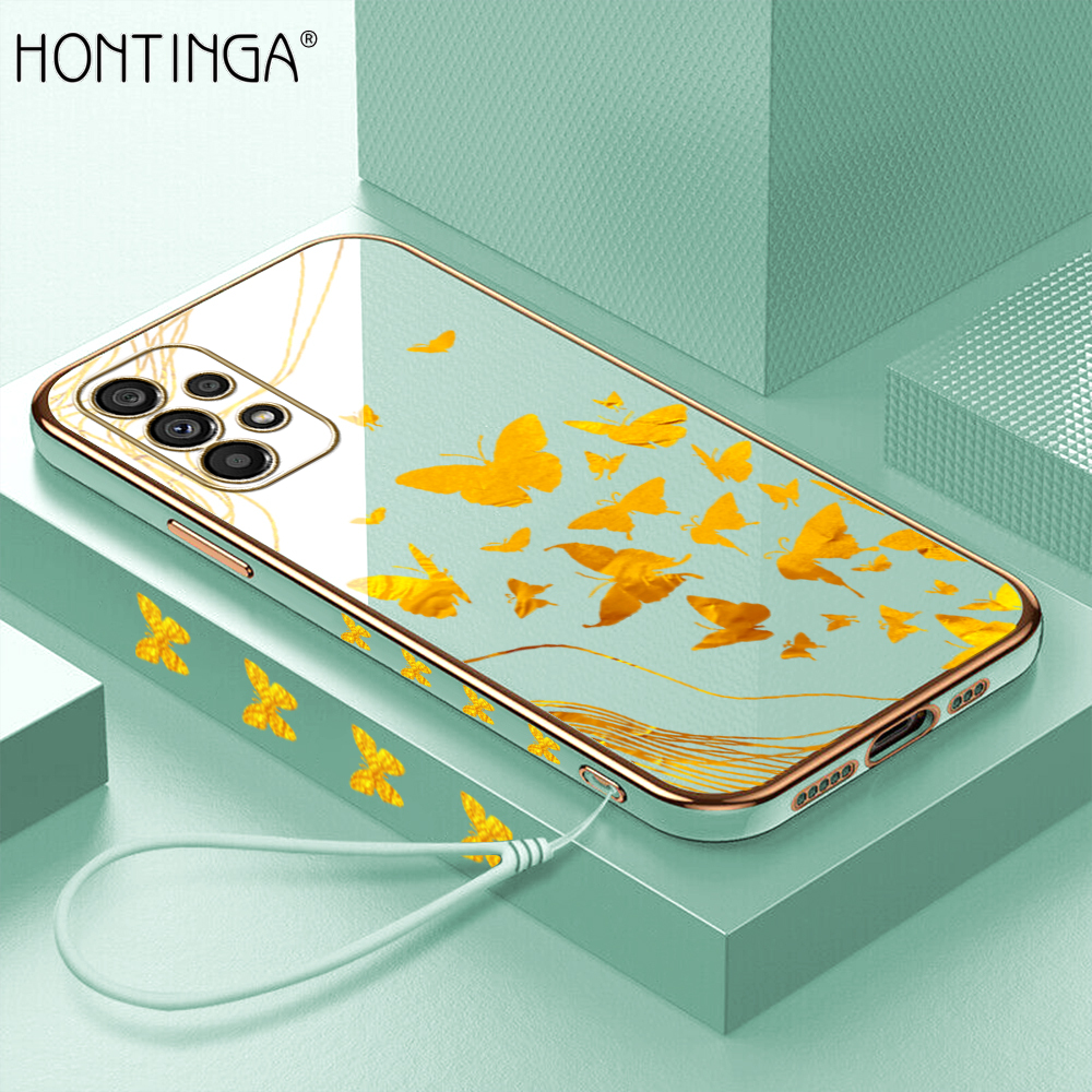 Hontinga for Samsung Galaxy A73 5G Back Cover With Lanyard Luxury 6D Plating Shiny Golden Butterfly Case Soft Silicone Square Mobile Cover