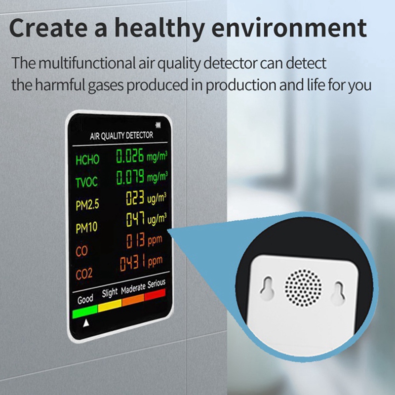6 in 1 PM10 HCHO TVOC CO CO2 Air Quality Detector,Black