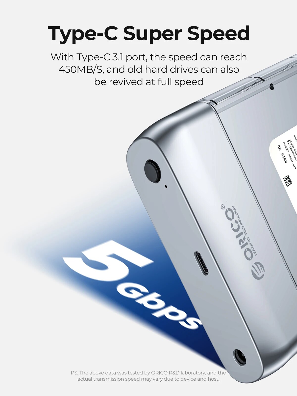 ORICO 3.5 inch Transparent Type-C 5Gbps Hard Drive Enclosure Metal HDD Case Support Auto Sleep for PC Laptop Notebook. 