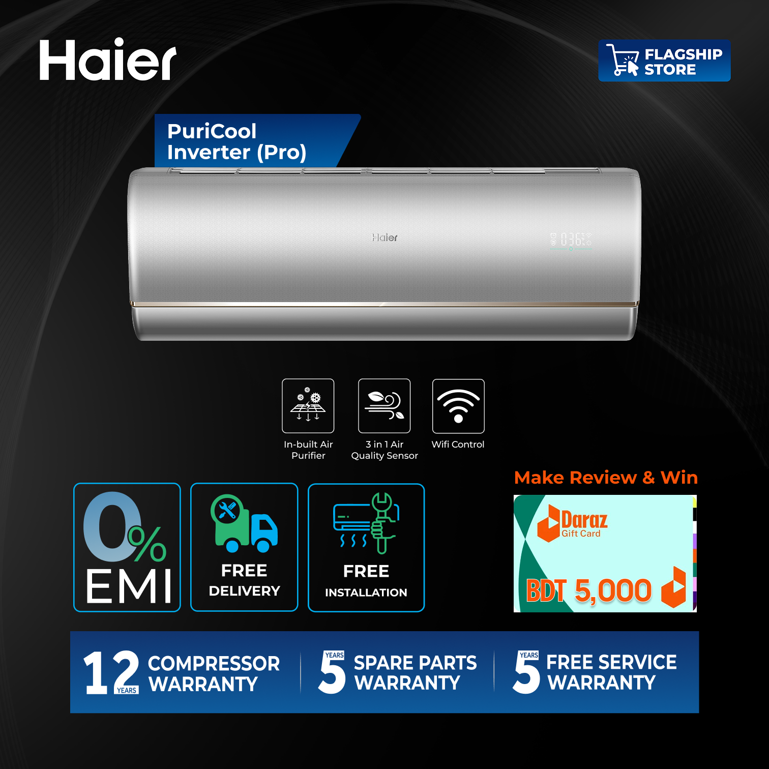 Haier 1.6 Ton PuriCool Inverter (Pro) with Free Delivery and Free Installation (HSU-19K PuriCool(INV)(Pro))